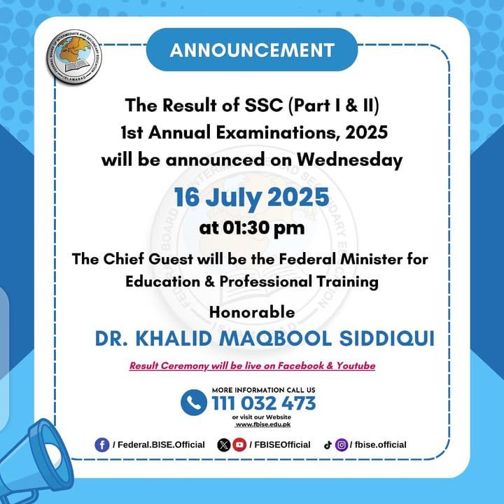 FBISE Result Of SSC (Part I & II) 1st Annual Examinations 2025