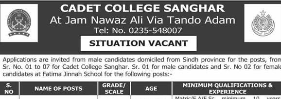 Cadet College Sanghar 2025 Jobs For Teachers And Others
