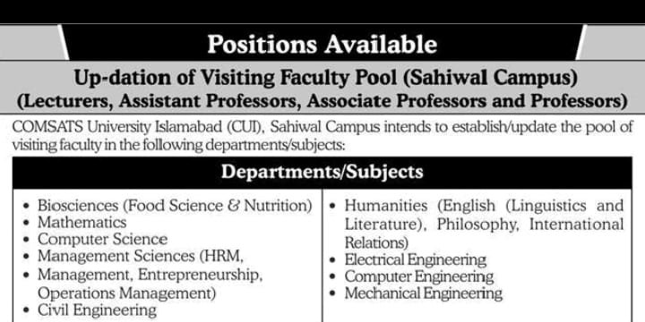 Comsats University Sahiwal Campus Jobs 2025 For Teachers