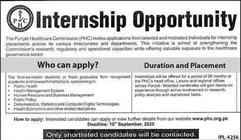 Punjab Healthcare Commission Internships 2025 August Apply Online PHC Jobs Latest